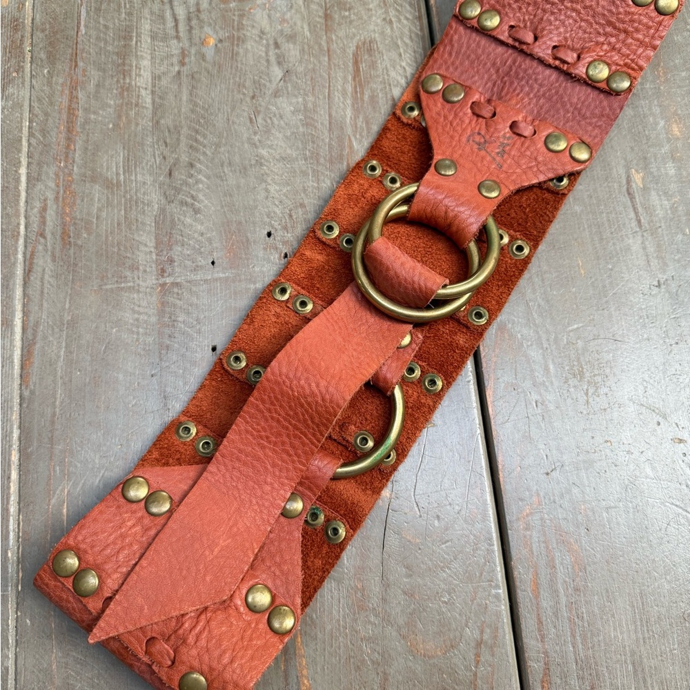 Studded Wide Leather Belt with Brass Accents - Picture 2 of 6
